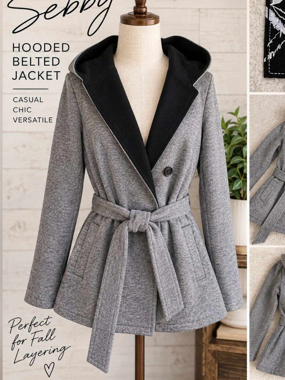 Sebby Gray Hooded Belted Trench Coat with Black Hood Lining